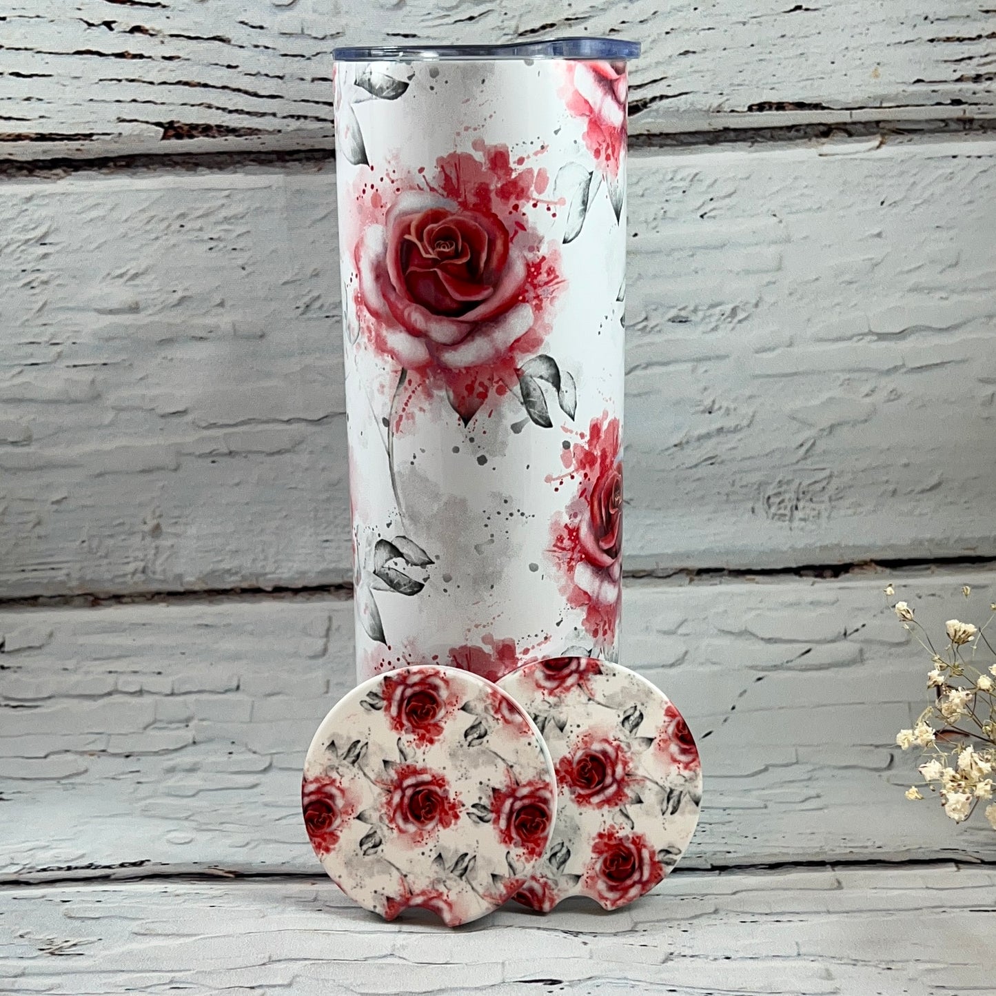 Gift Set - Roses are Red 20 oz Tumbler and a pair of matching ceramic car coasters