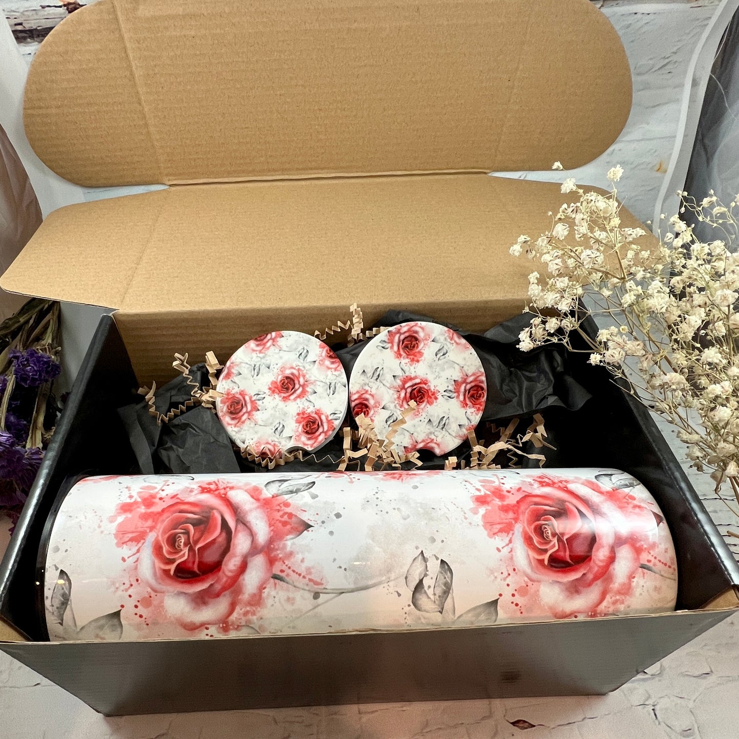 Gift Set - Roses are Red 20 oz Tumbler and a pair of matching ceramic car coasters