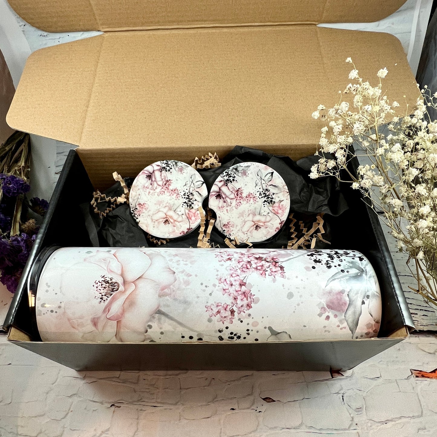 Gift Set - Soft Pink and Black  floral 20 oz Tumbler and a pair of matching ceramic car coasters