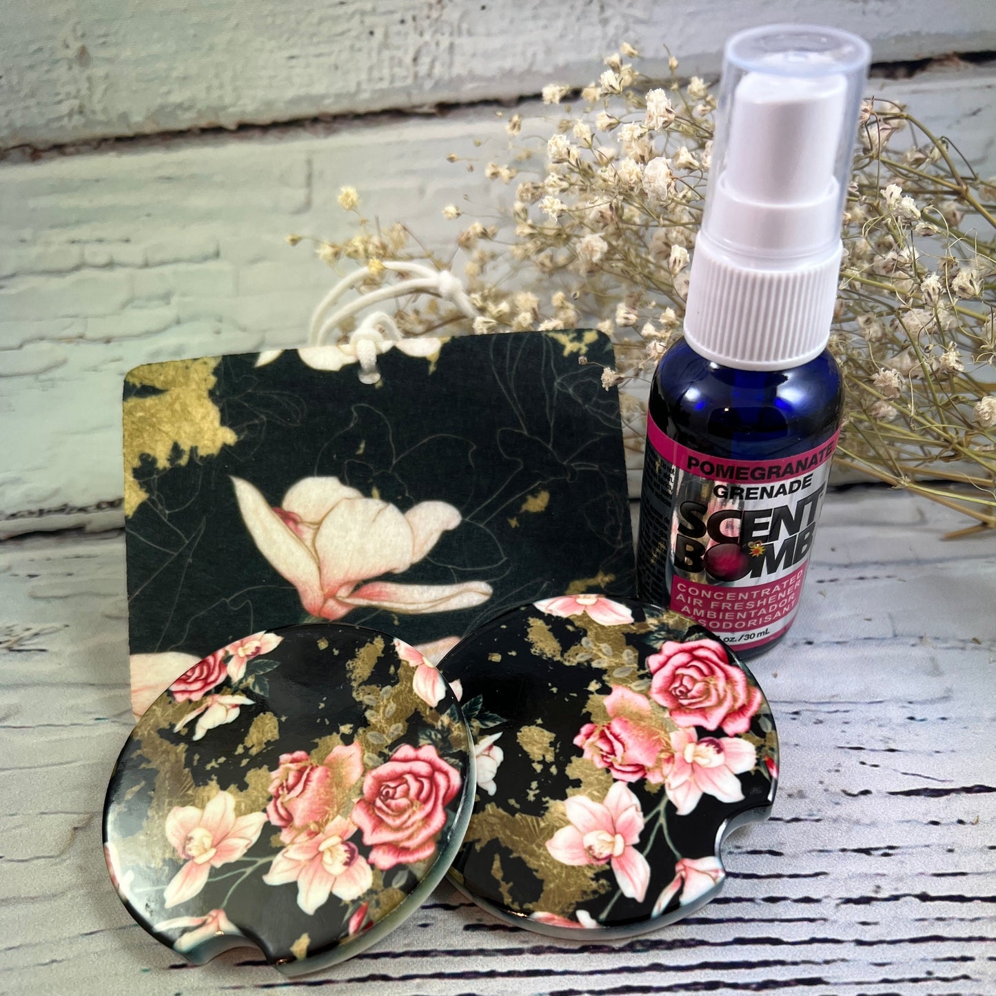 Gift Set - Black Rose Garden Air freshener and ceramic car coasters