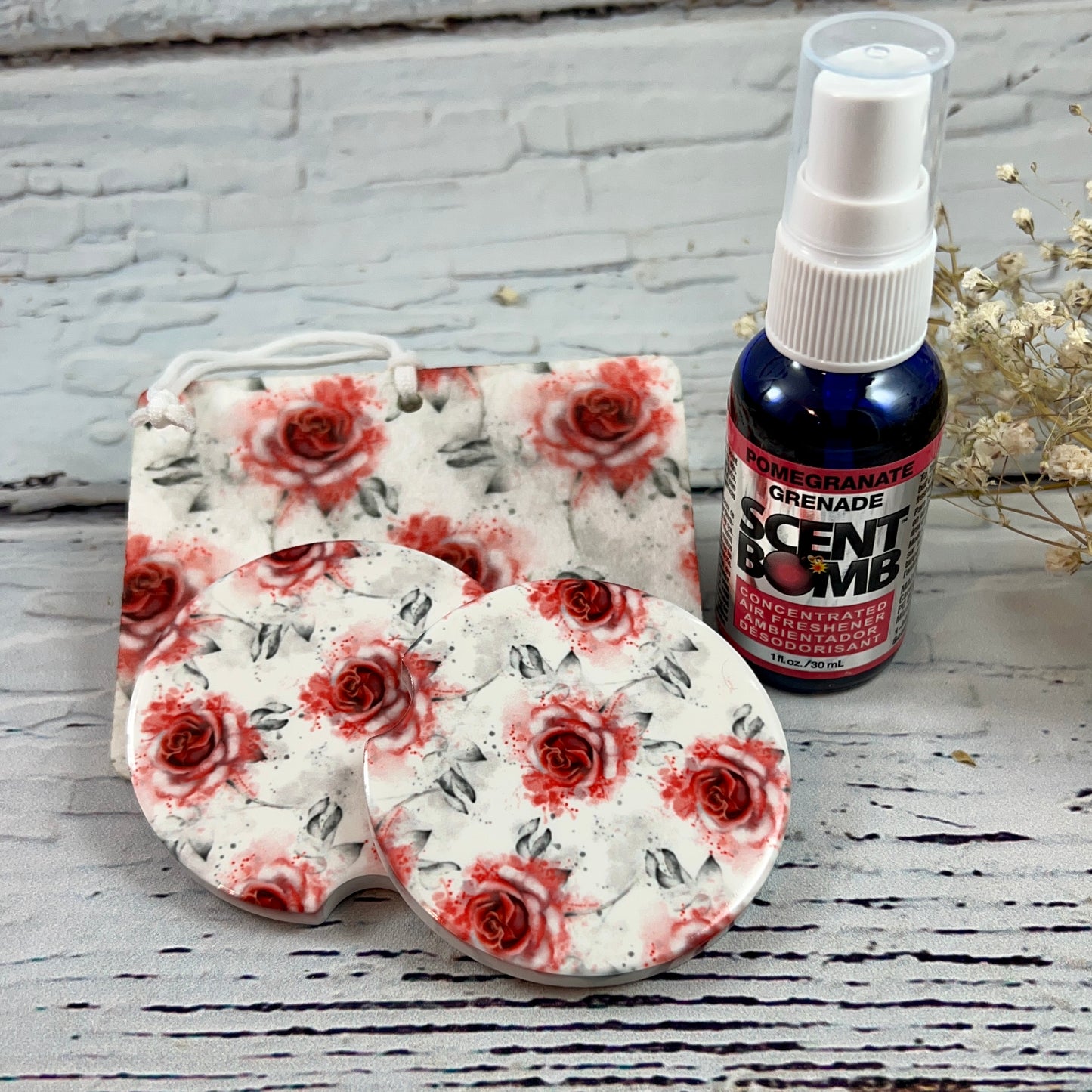 Gift Set - Roses are Red Air freshener and ceramic car coasters