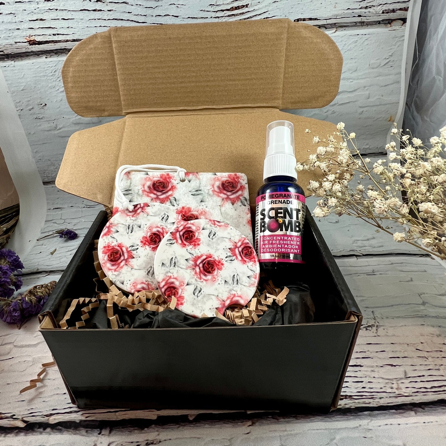 Gift Set - Roses are Red Air freshener and ceramic car coasters