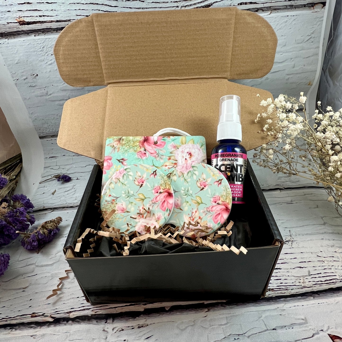 Gift Set - Mint Floral Garden Air freshener and ceramic car coasters