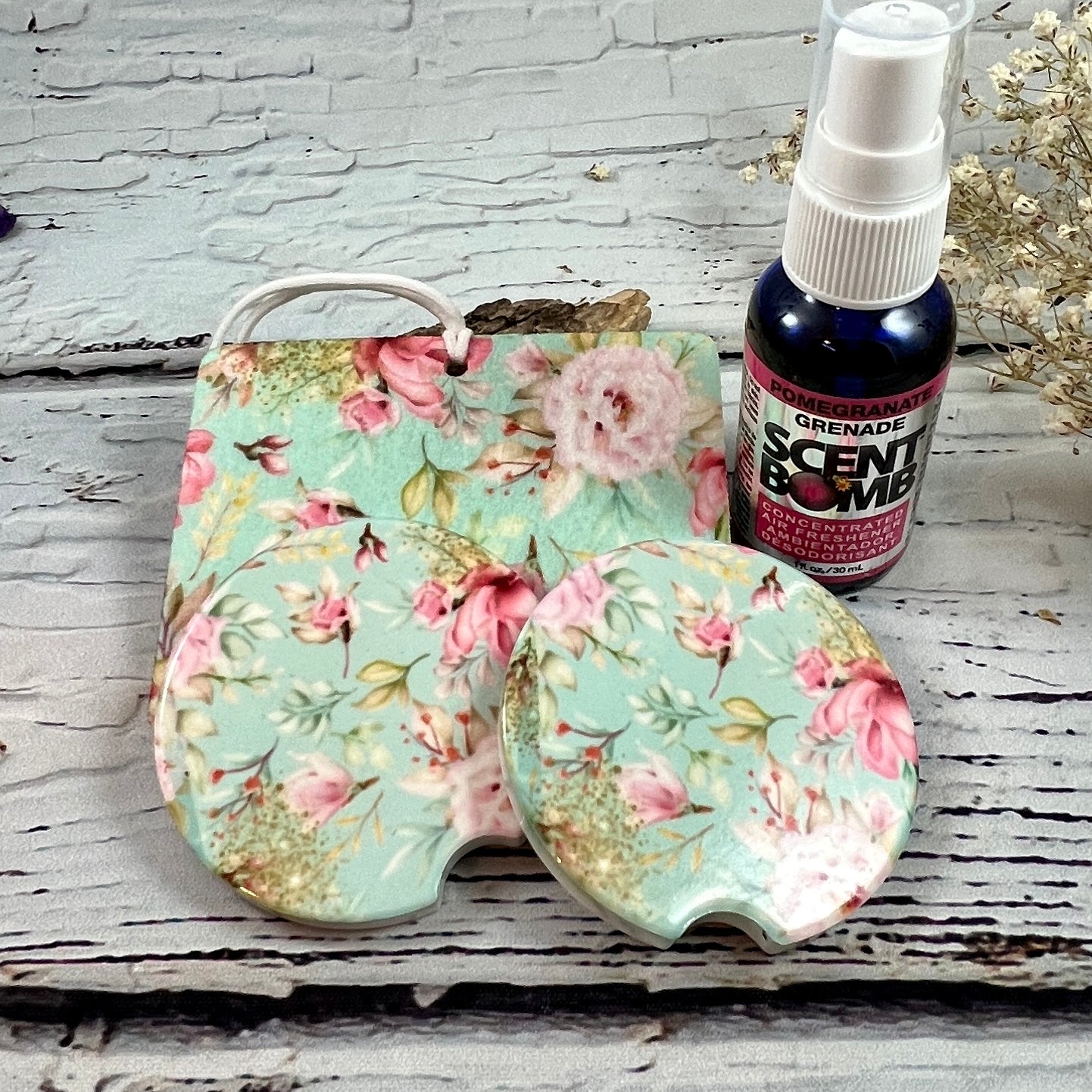 Gift Set - Mint Floral Garden Air freshener and ceramic car coasters