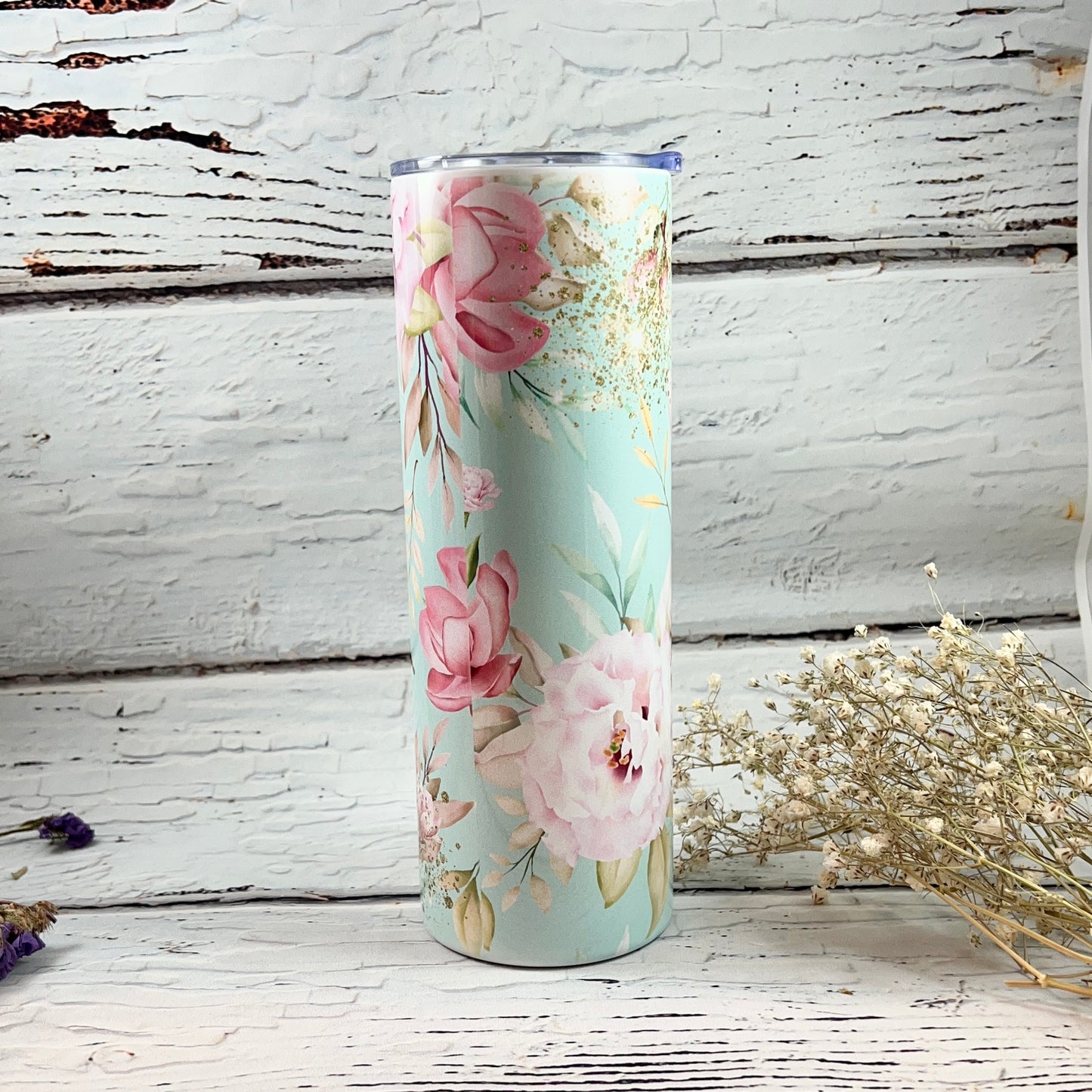 Gift Set - Mint Floral Garden 20 oz Tumbler and a pair of matching ceramic car coasters