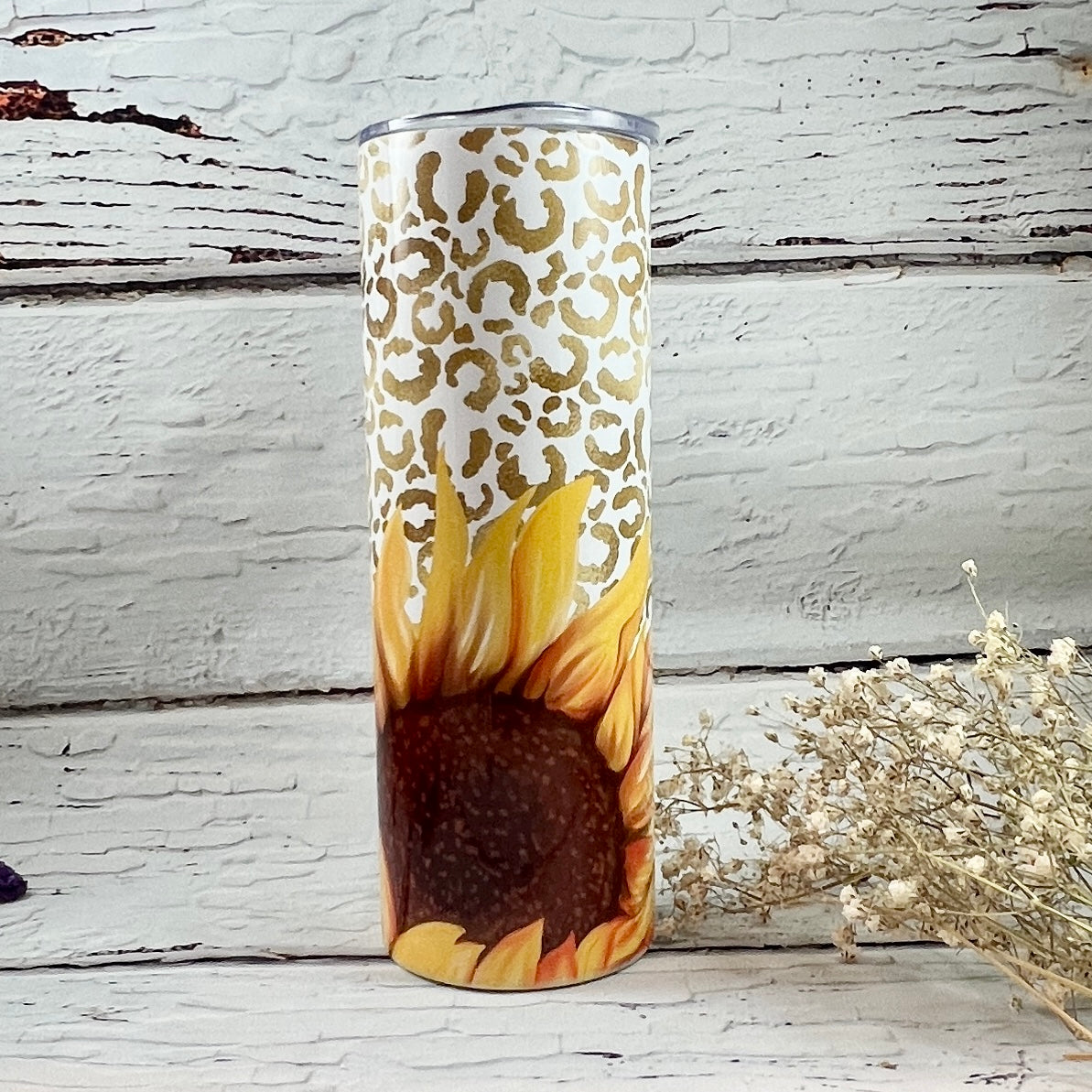 Gift Set - Gold Leopard & Sunflowers 20 oz Tumbler and a pair of matching ceramic car coasters