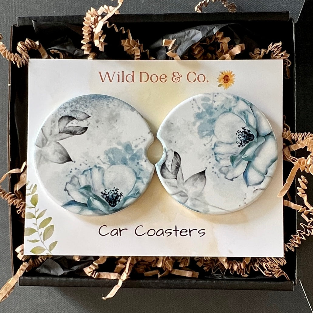 Ceramic car coaster set - Blossom Blues