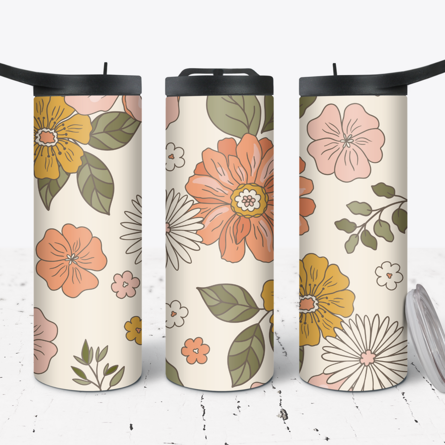 Hydration Bottle 25oz  Duo Skinny Tumbler- Retro Cream Floral