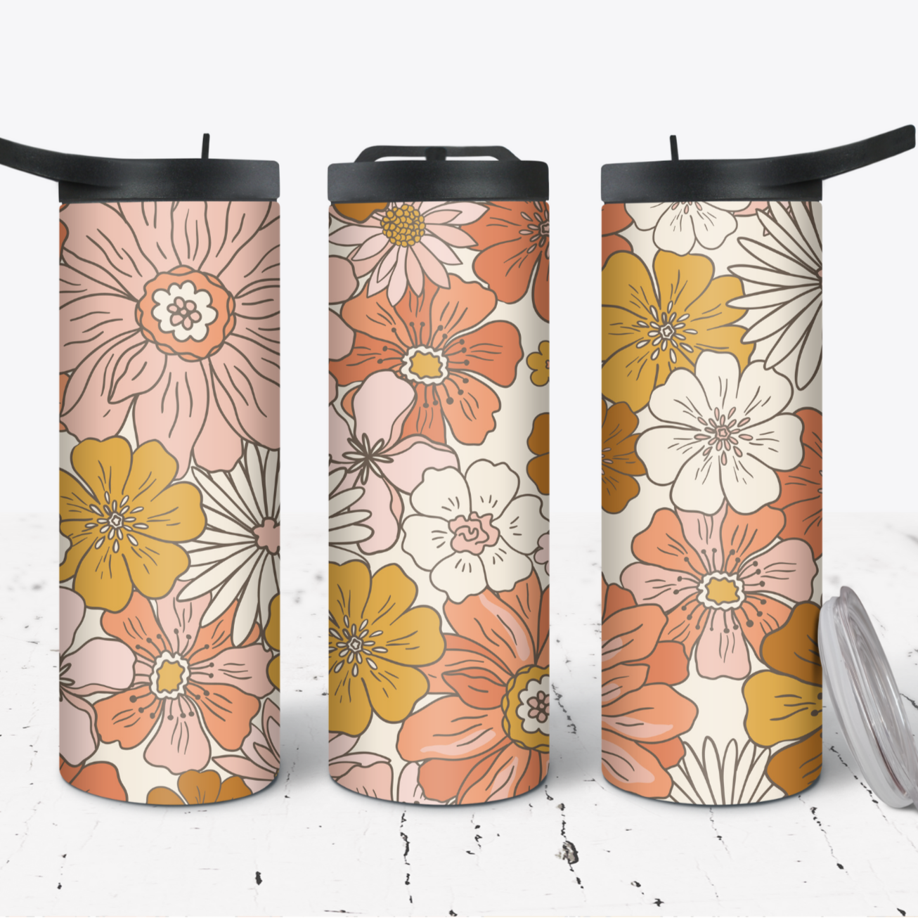 Hydration Bottle 25oz Duo Skinny Tumbler - Retro pink & Gold Floral