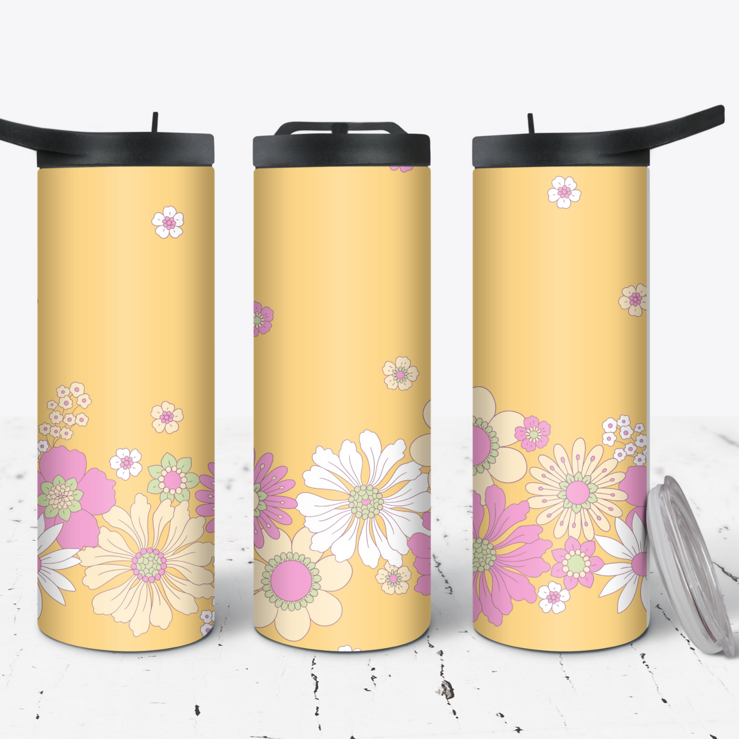 Hydration Bottle 25oz Duo Skinny Tumbler- Retro Spring Yellow Floral