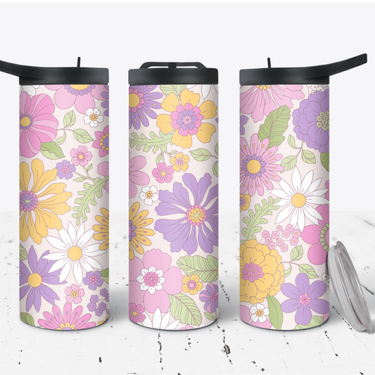 Hydration Bottle 25oz Duo Skinny Tumbler- Retro Spring Purple & Yellow Floral