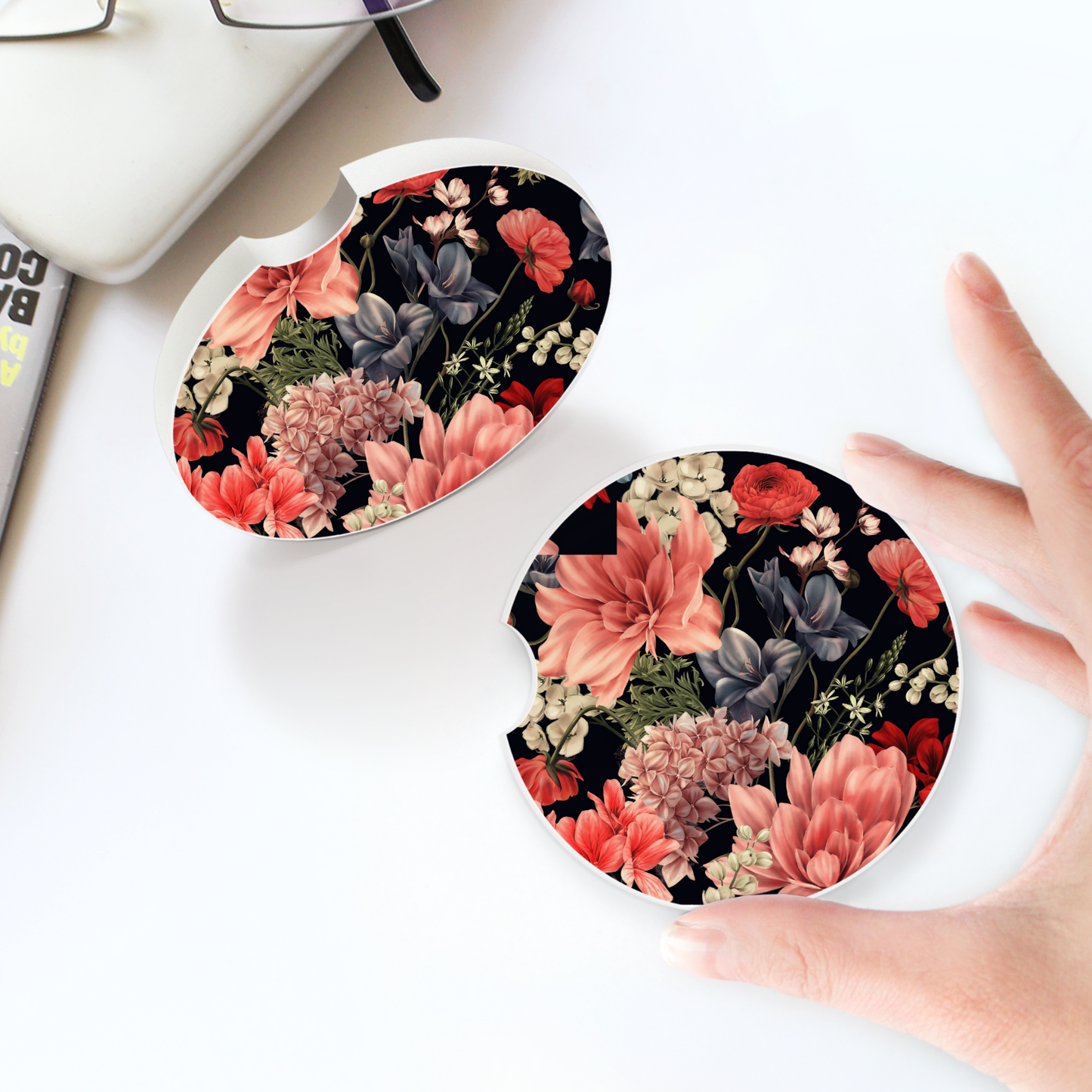 Ceramic car coaster set - Black Floral