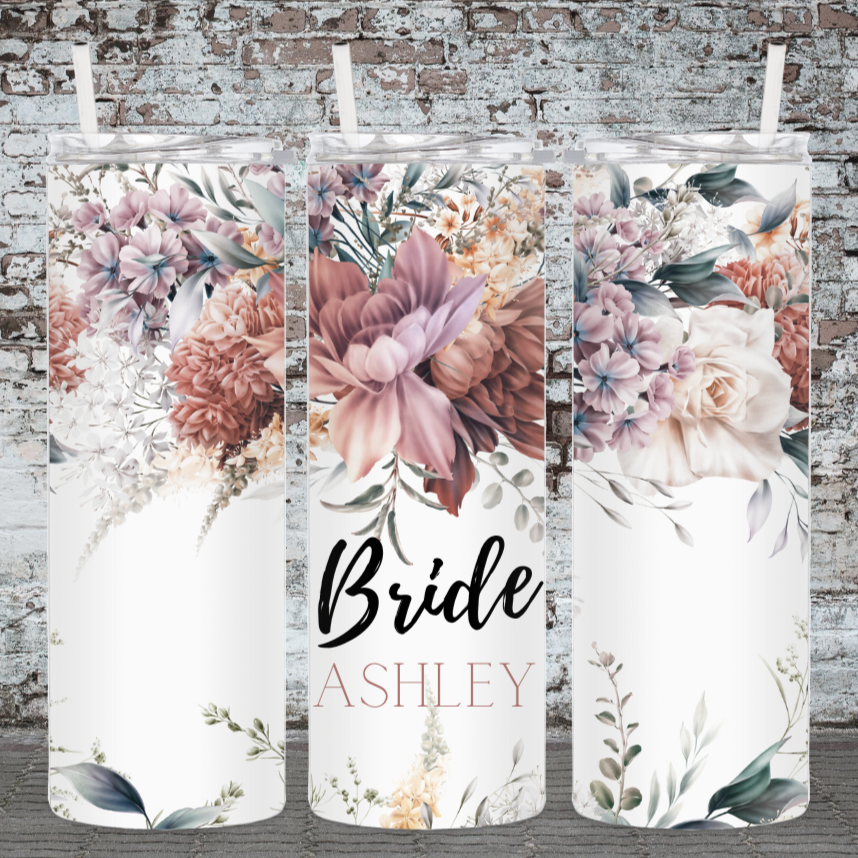 Tumbler 20 oz skinny - Wedding Floral -Customize your name