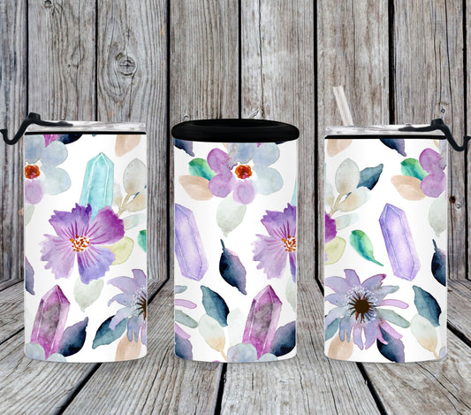 Cooler bottle/can/cup 12oz - Watercolor Floral & Crystals