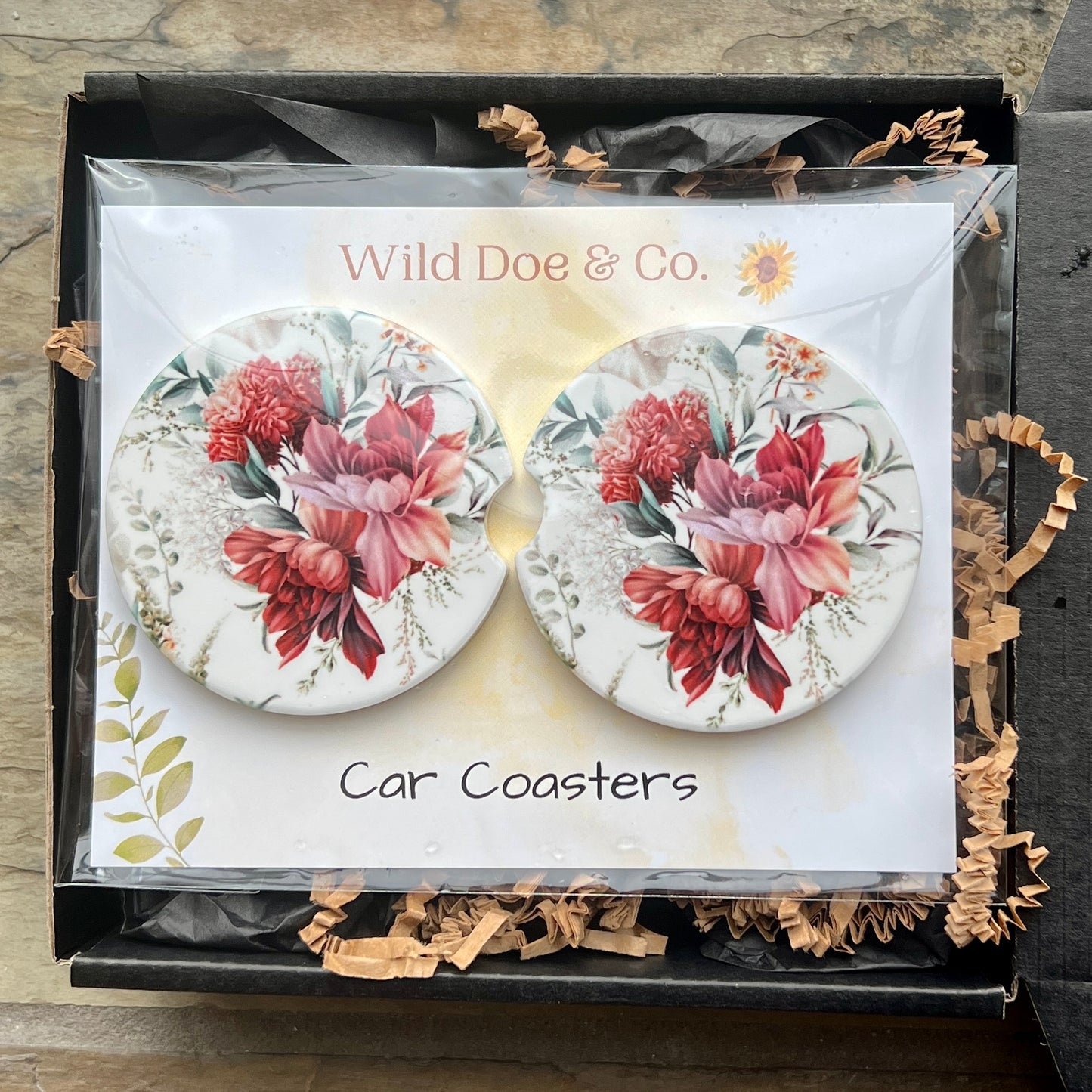 Ceramic car coaster set - Wildfire Floral