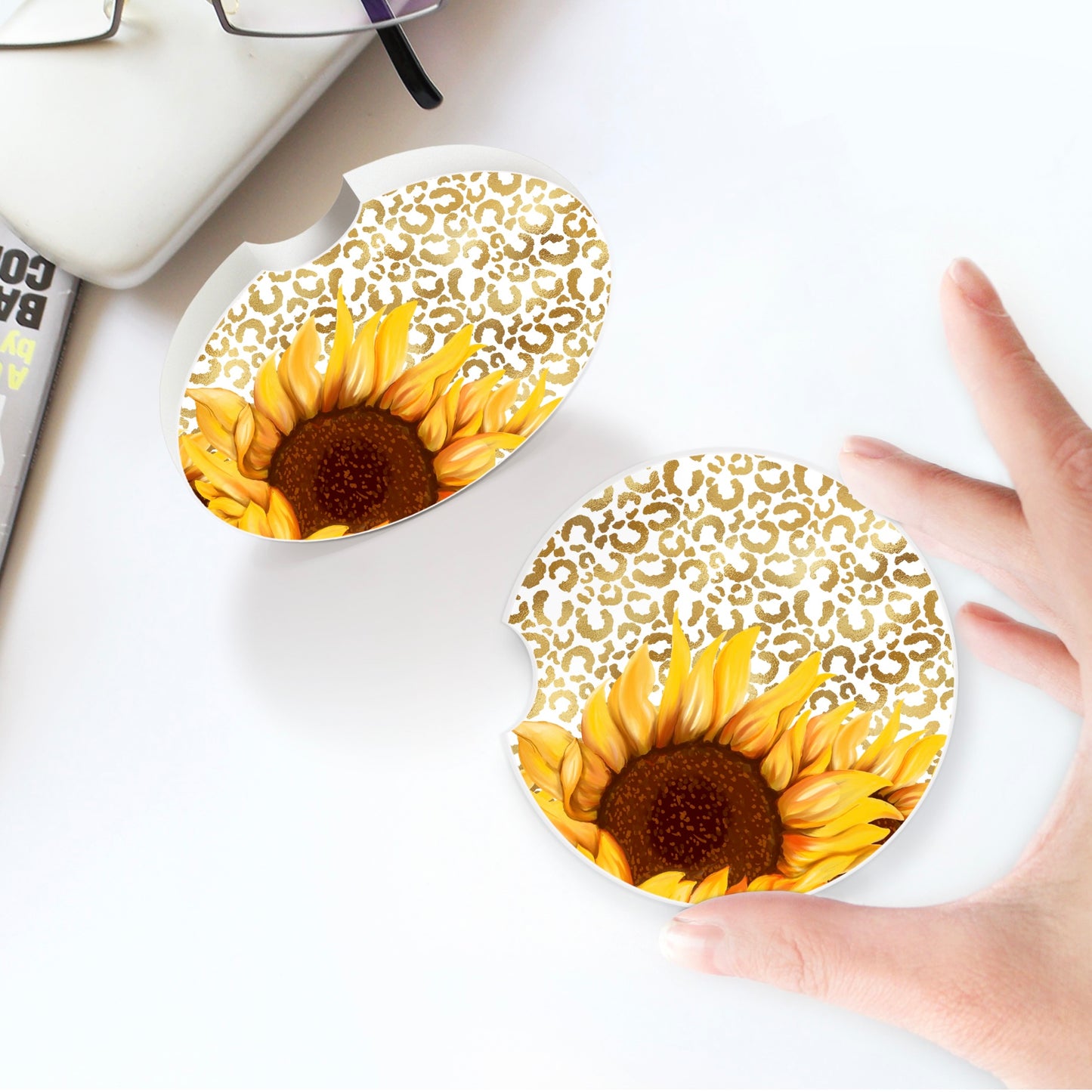 Ceramic car coaster set Leopard Sunflowers