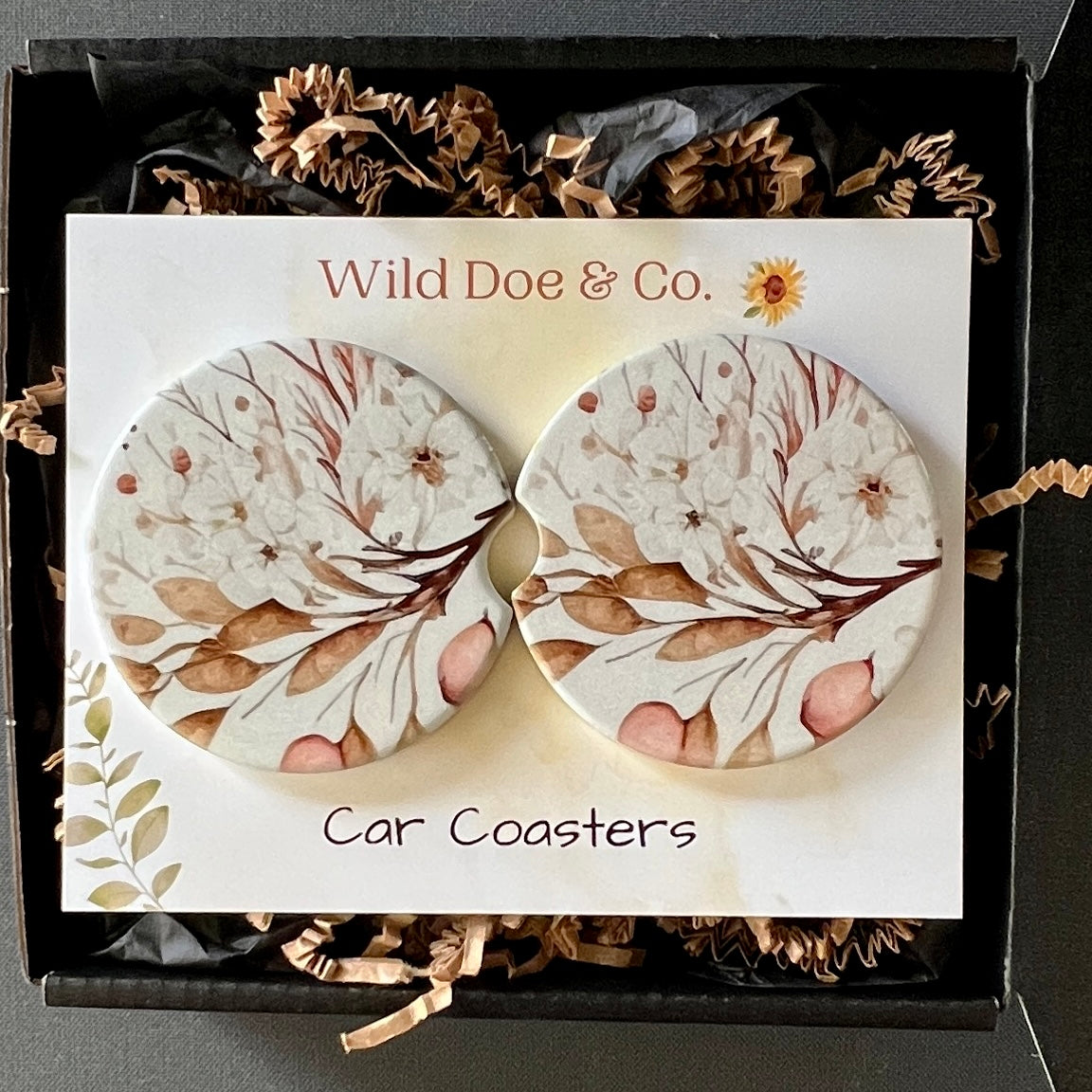 Ceramic car coaster set - Watercolor Neutral Floral