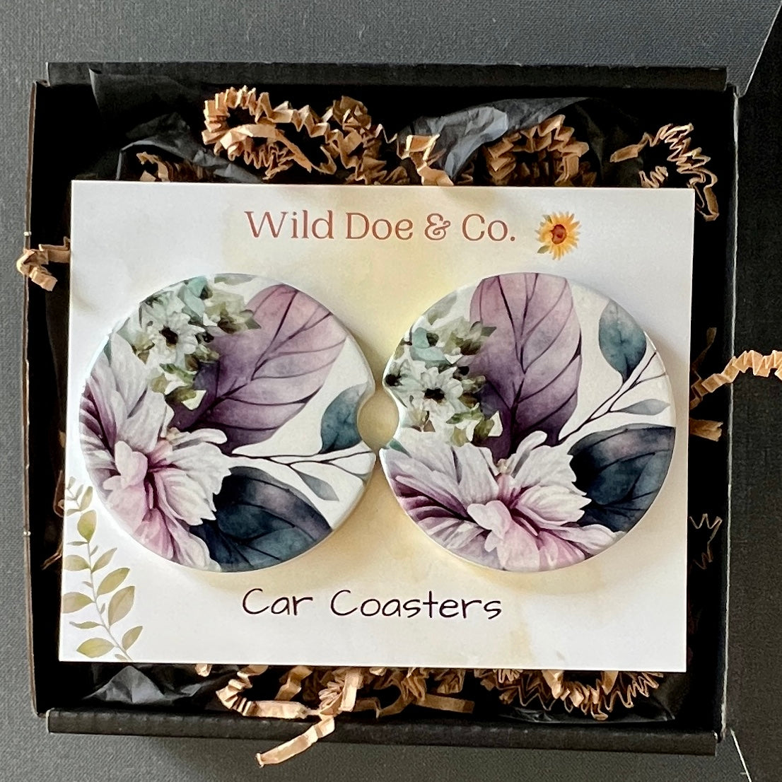 Ceramic car coaster set - Watercolor Floral