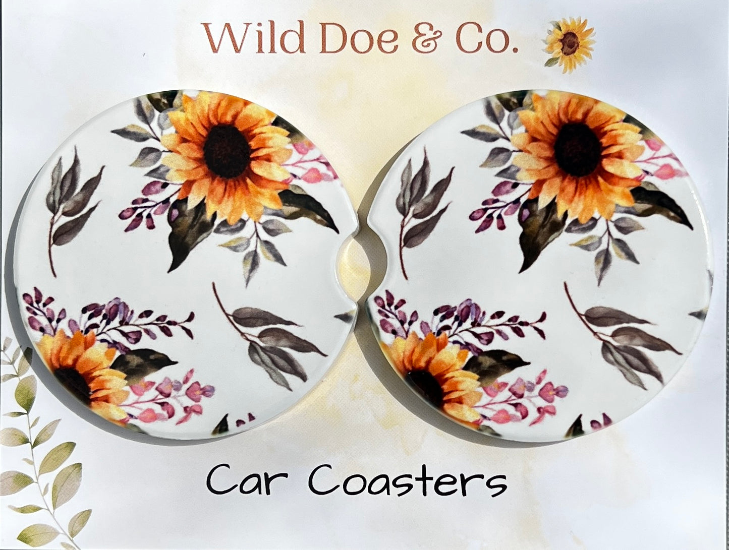 Ceramic car coaster set -Watercolor Sunflower