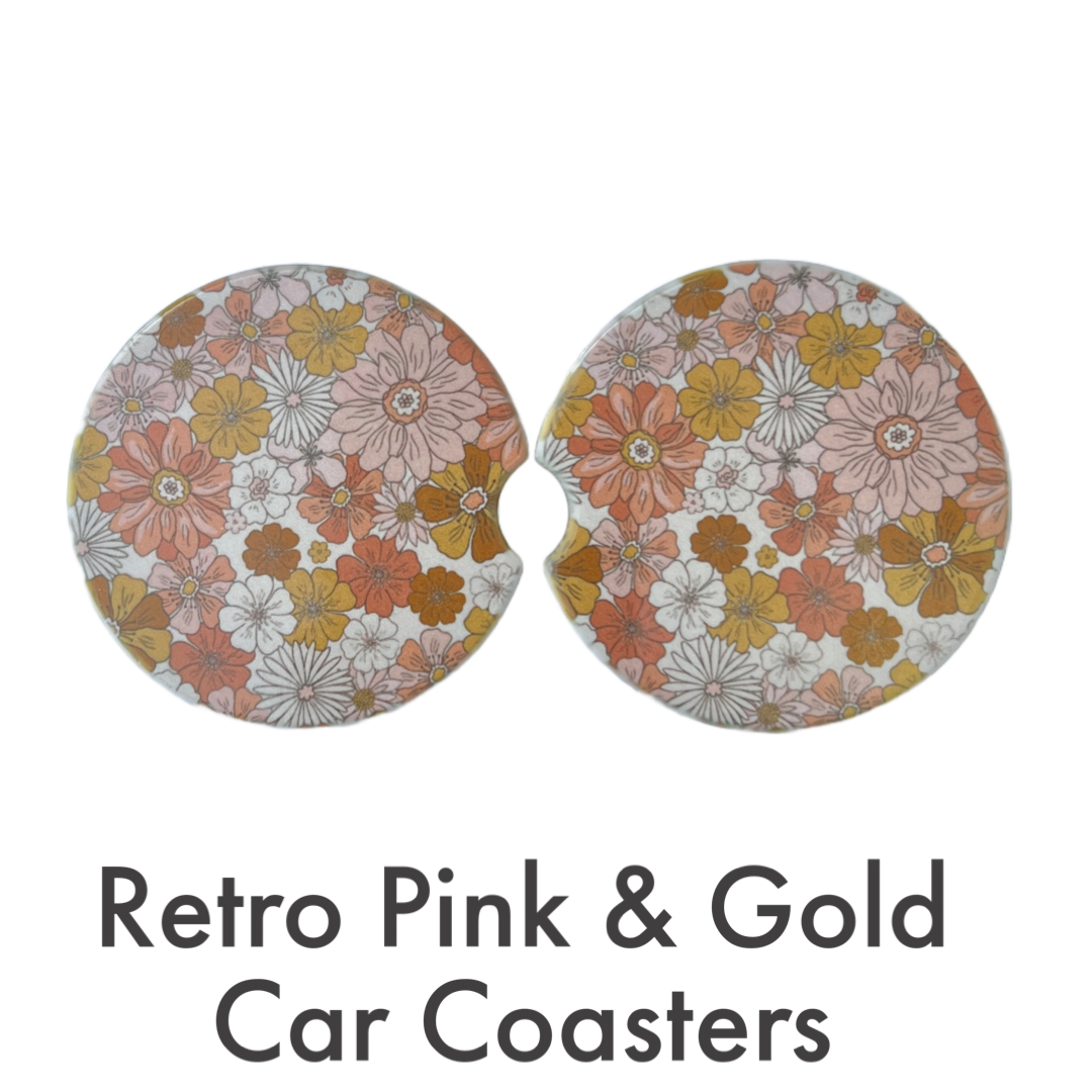 Ceramic car coaster set - Retro Pink & Gold Flowers