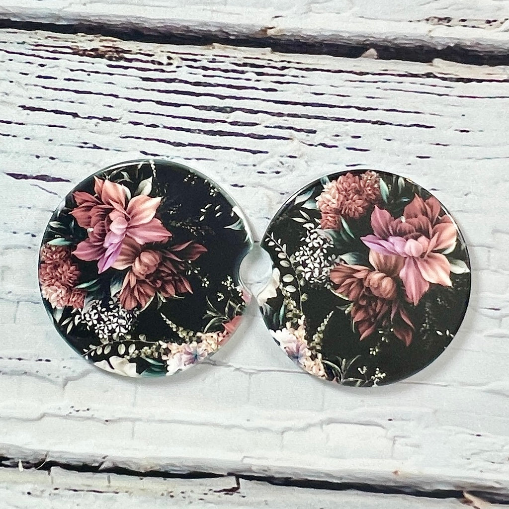 Ceramic car coaster set -Black wildflowers