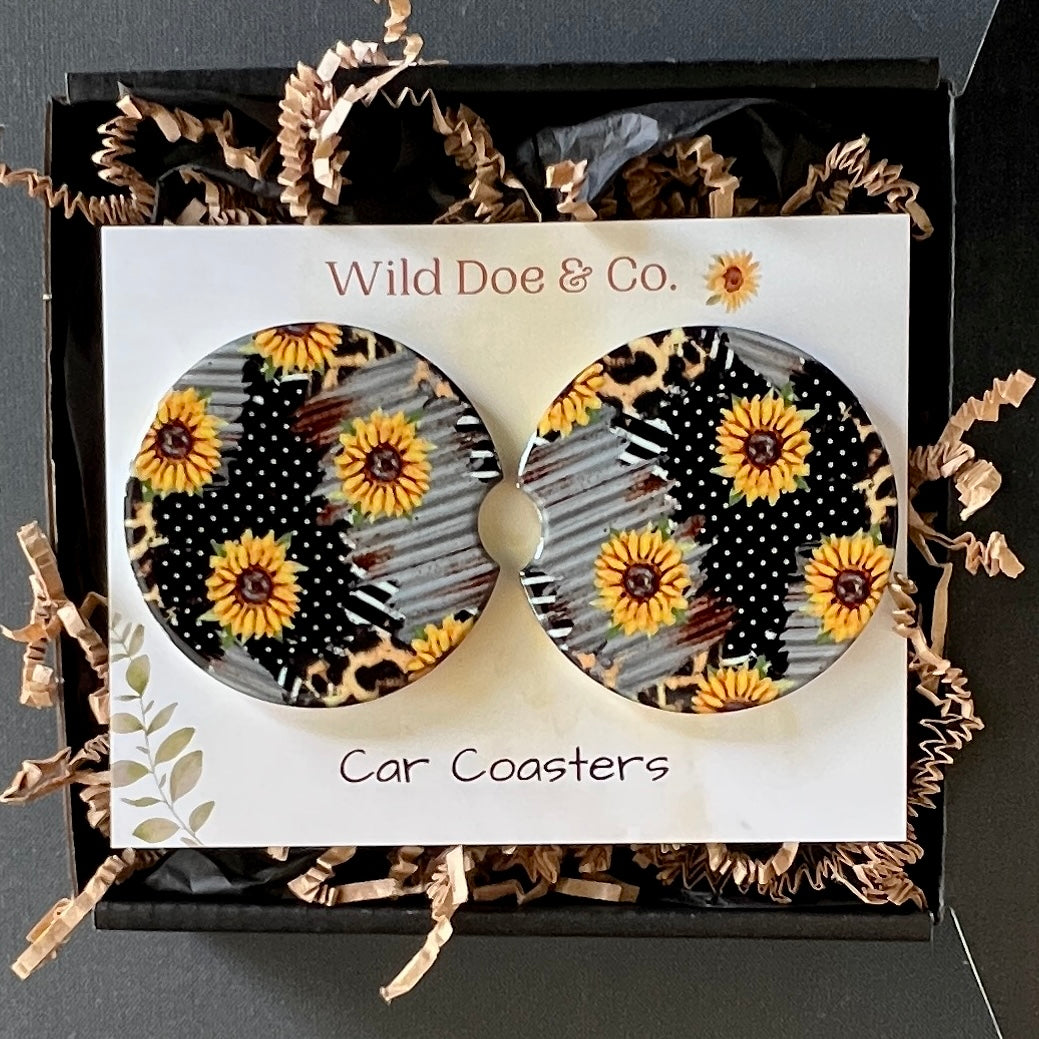 Ceramic car coaster set Rustic tin & Sunflowers