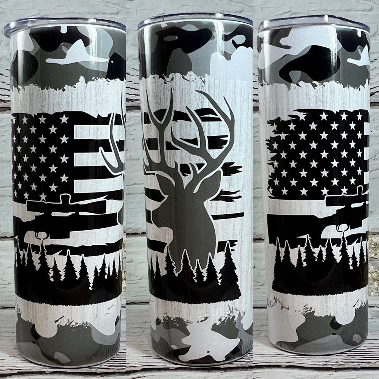 Tumbler 20 oz skinny - white camo, flag and deer