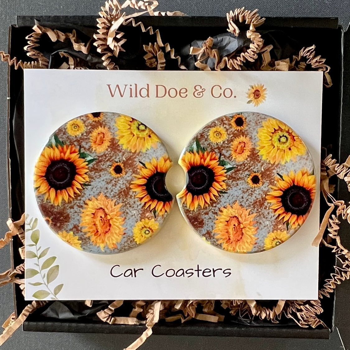 Ceramic car coaster set Rustic Sunflowers