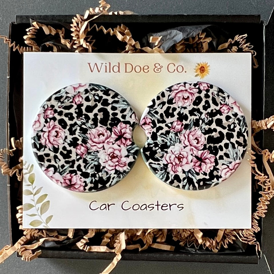 Ceramic car coaster set -Leopard & pink flowers