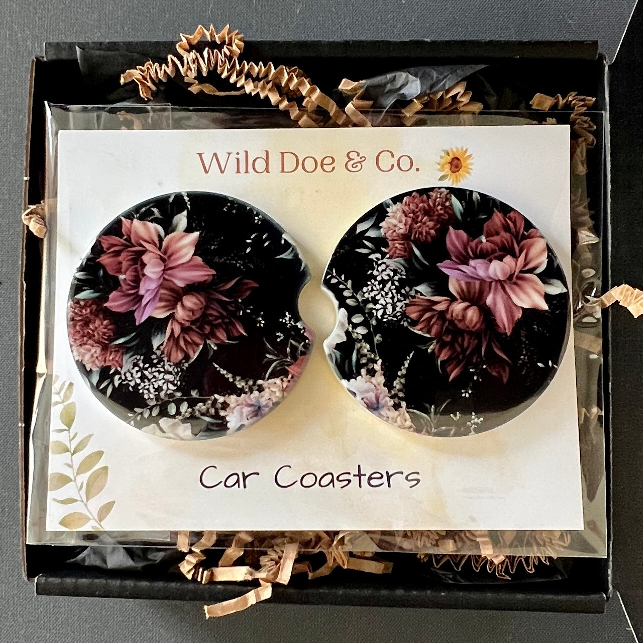 Gift Set - Black wildflowers Air freshener and ceramic car coasters