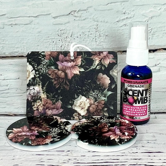 Gift Set - Black wildflowers Air freshener and ceramic car coasters