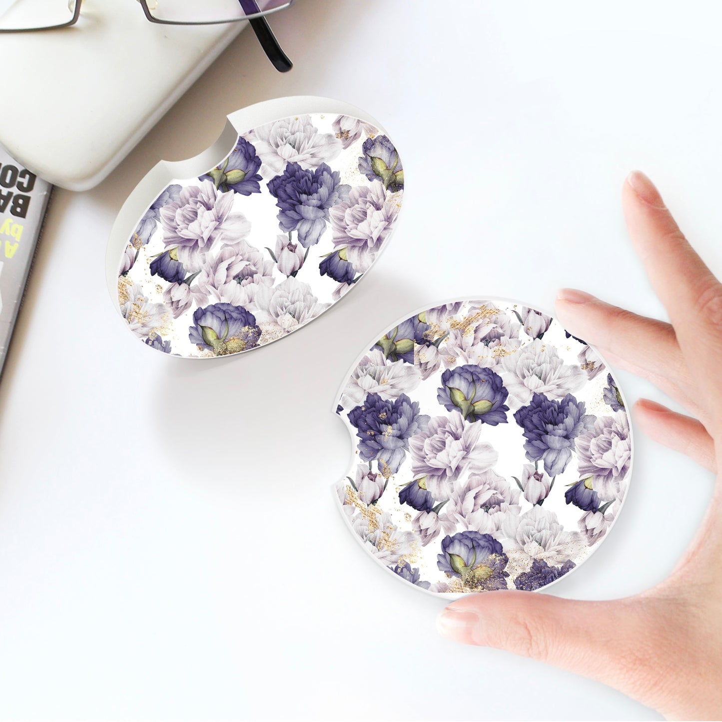 Ceramic car coaster set - Blue violet Peonies