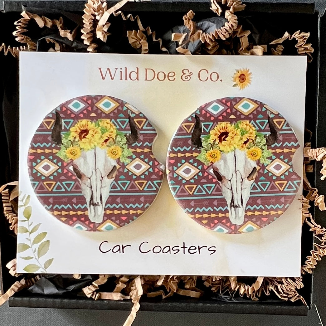 Ceramic car coaster set Boho Skull