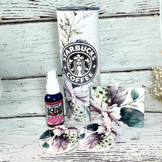 Mega Gift Set - Floral Starbucks 20 oz Tumbler, pair of matching ceramic car coasters & air freshener