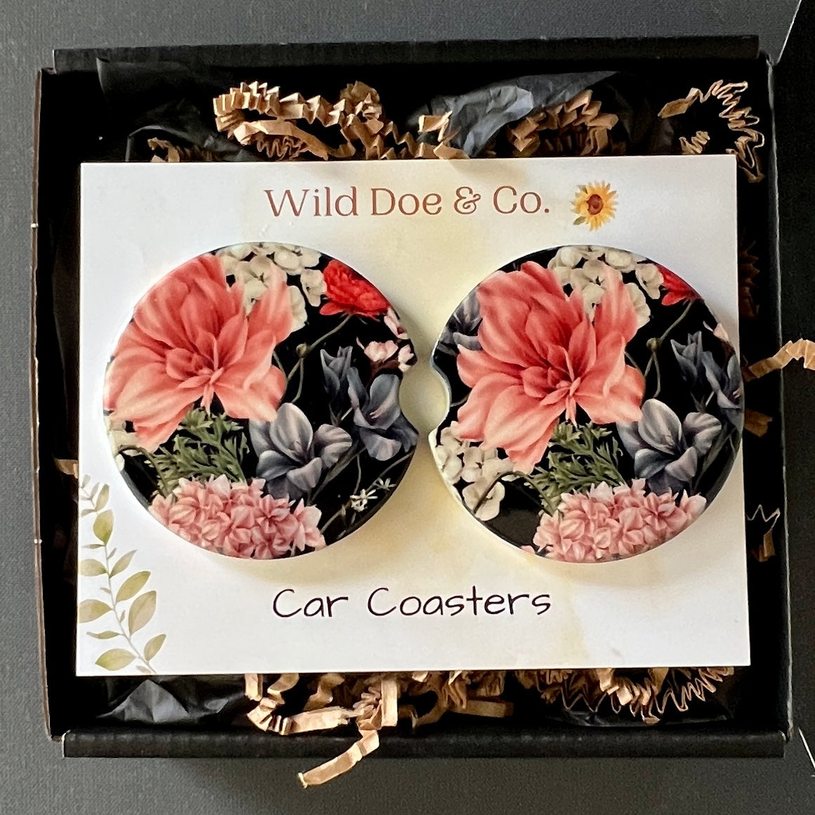 Ceramic car coaster set - Black Floral