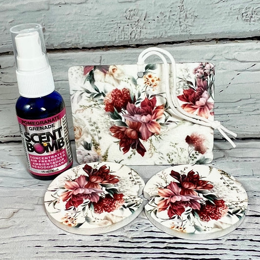 Gift Set - Wildfire Floral Air freshener and ceramic car coasters