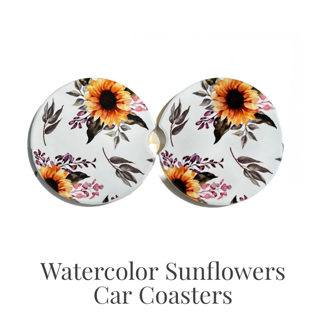 Ceramic car coaster set -Watercolor Sunflower