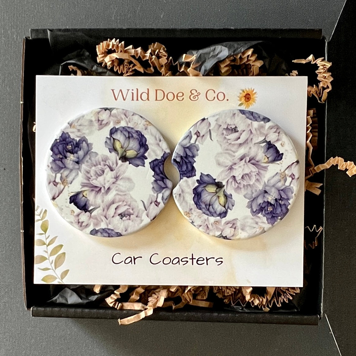 Gift Set - Blue Peonies Air freshener and ceramic car coasters