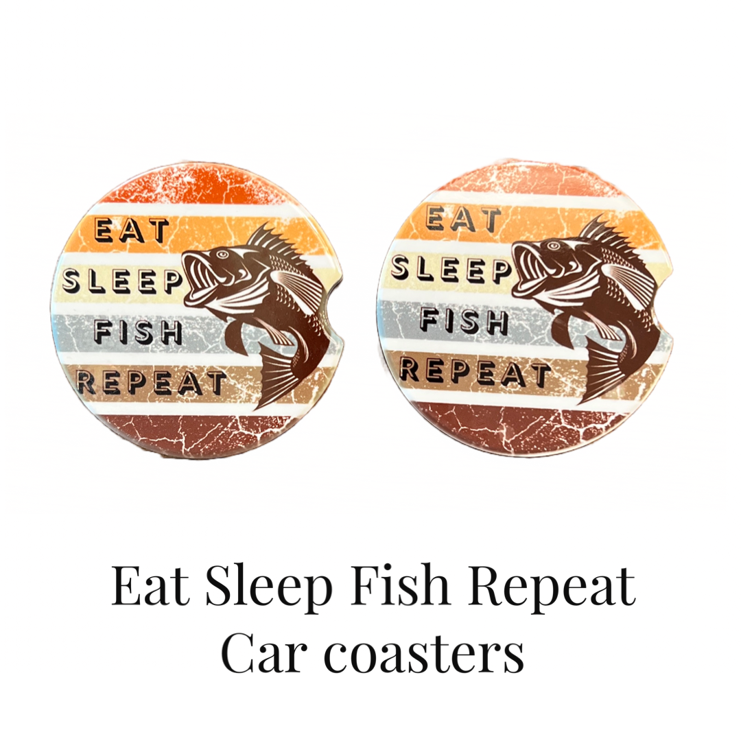 Ceramic car coaster set - Eat Sleep Fish Repeat