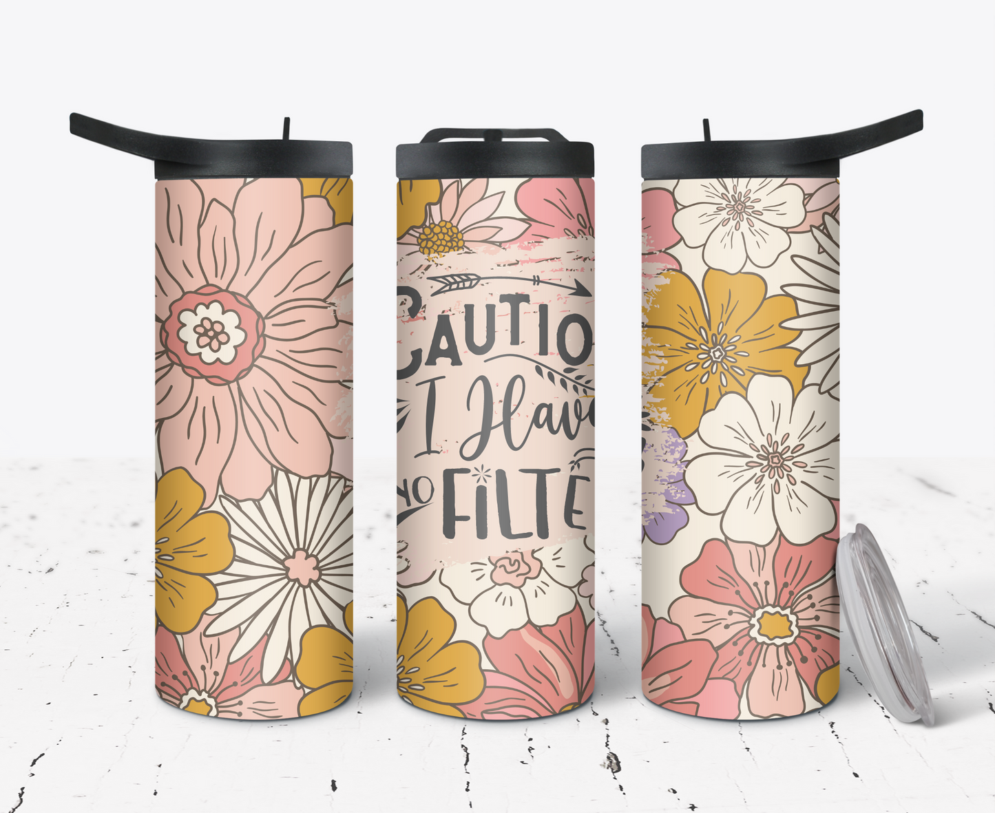 Hydration Bottle 25oz Duo Skinny Tumbler - Retro pink & Gold Floral