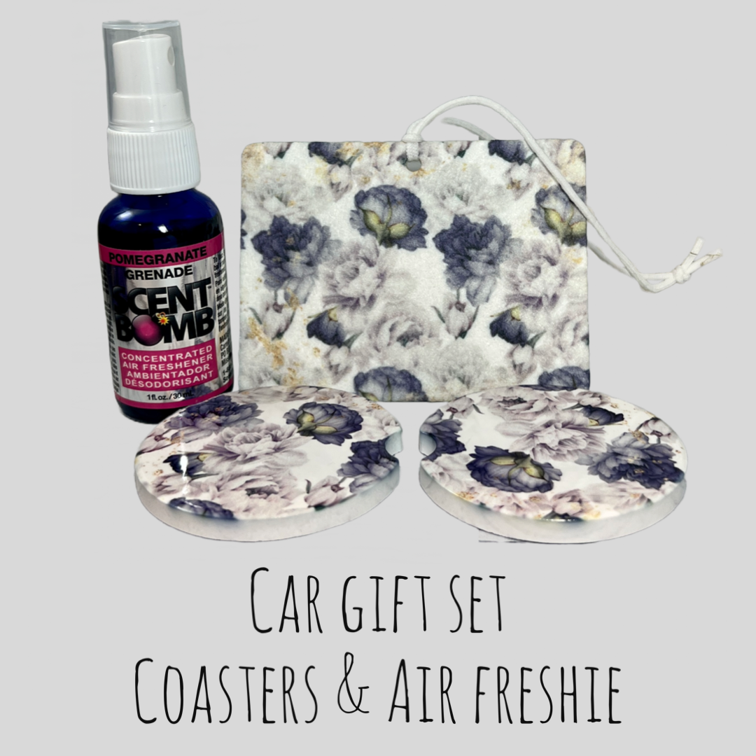 Gift Set - Blue Peonies Air freshener and ceramic car coasters