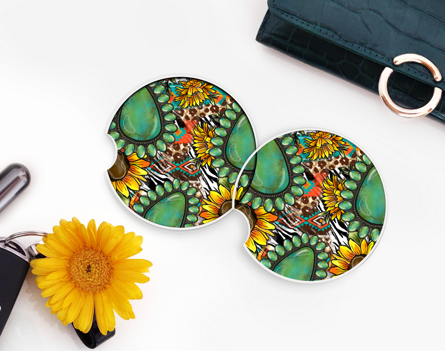 Ceramic car coaster set - Green Turquoise