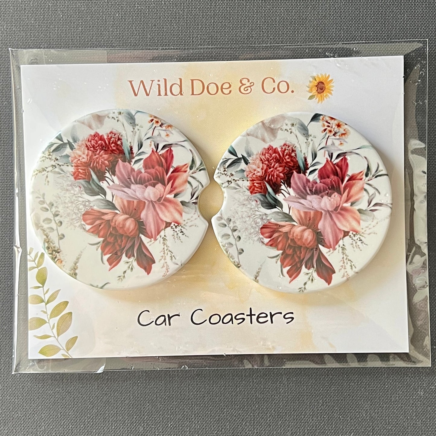 Gift Set - Wildfire Floral Air freshener and ceramic car coasters