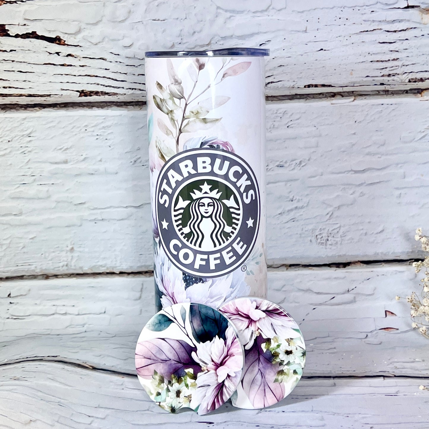 Mega Gift Set - Floral Starbucks 20 oz Tumbler, pair of matching ceramic car coasters & air freshener