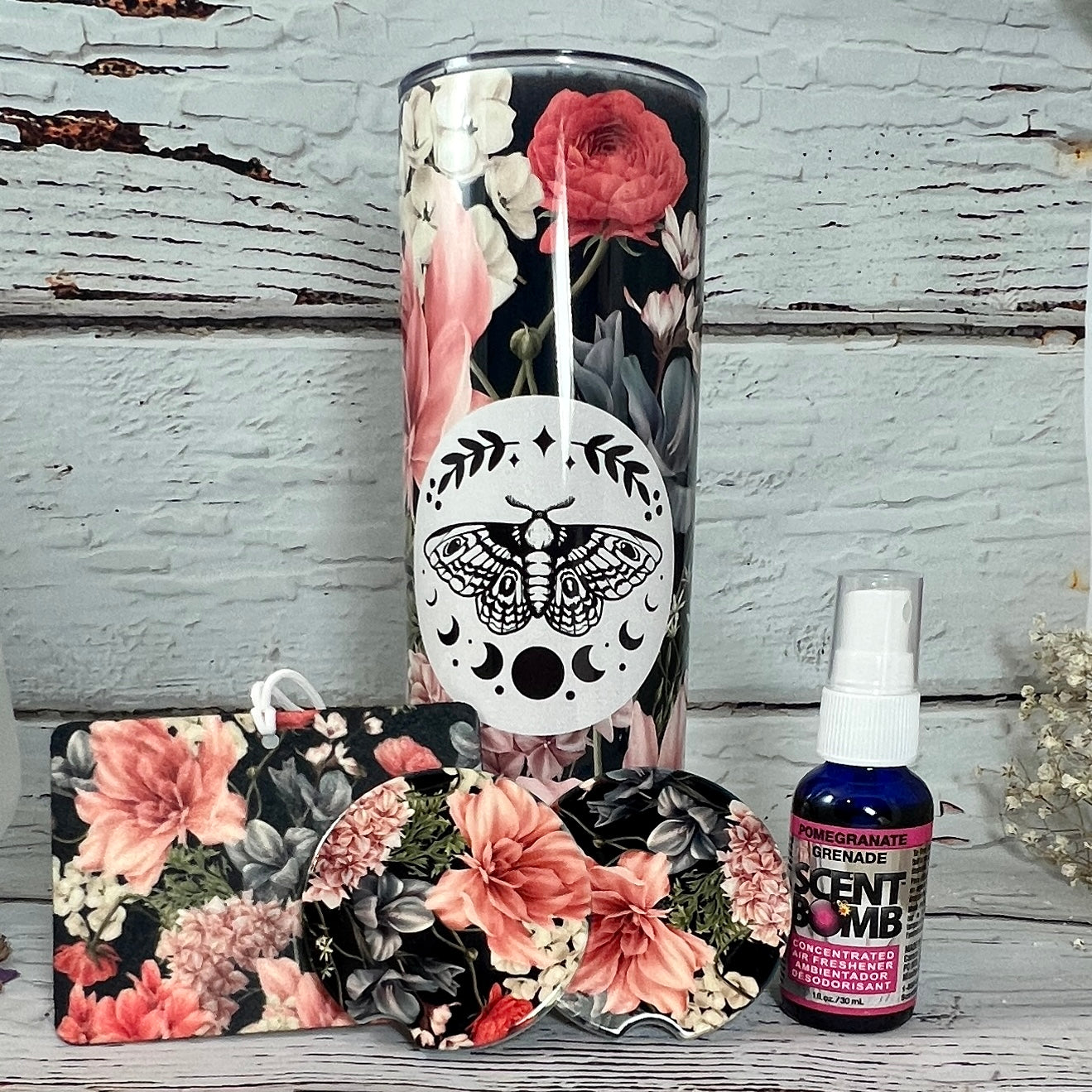 Mega Gift Set - Floral Moth moon phase 20 oz Tumbler, pair of matching ceramic car coasters & air freshener