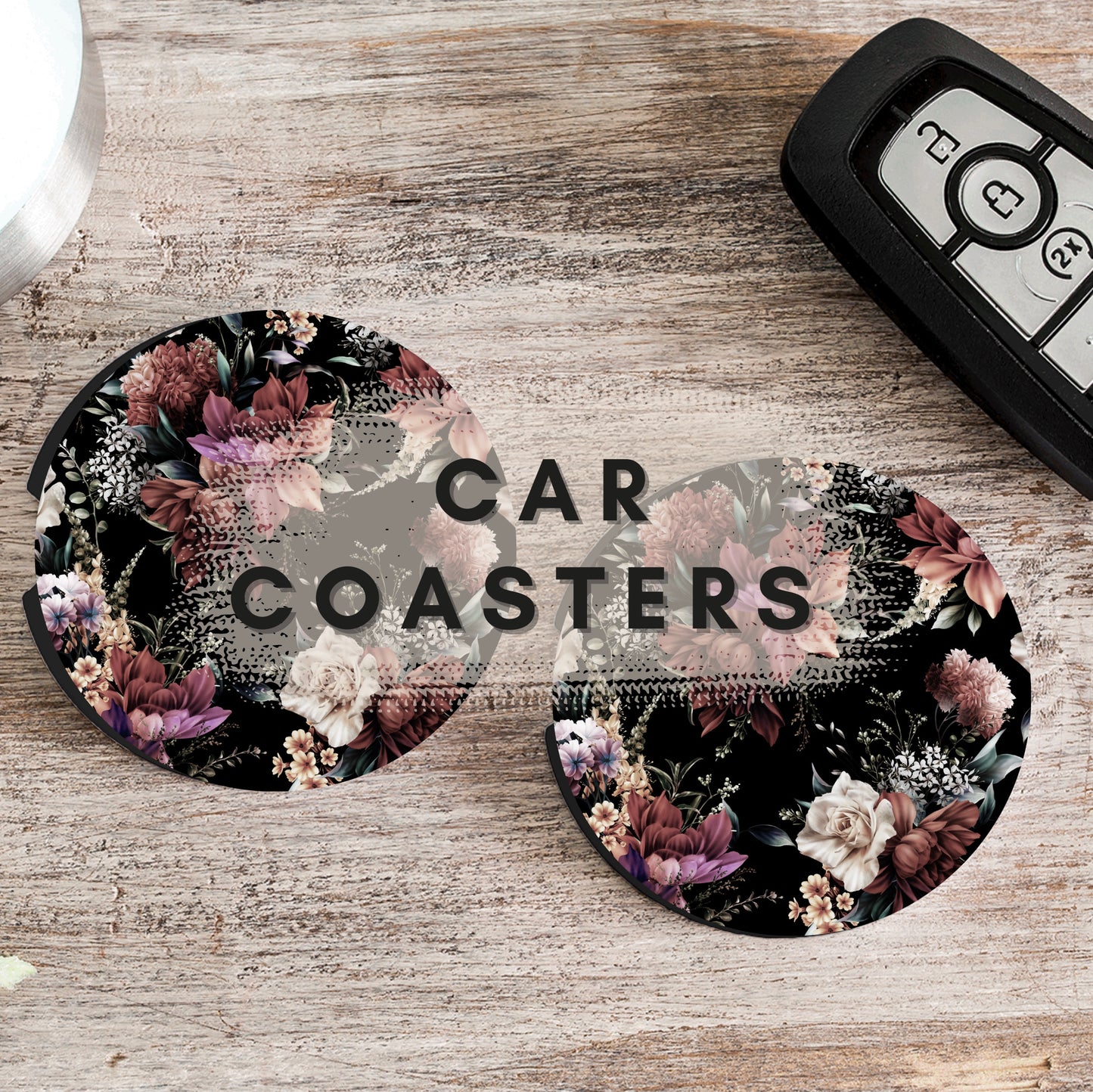 Ceramic car coaster set -Black wildflowers