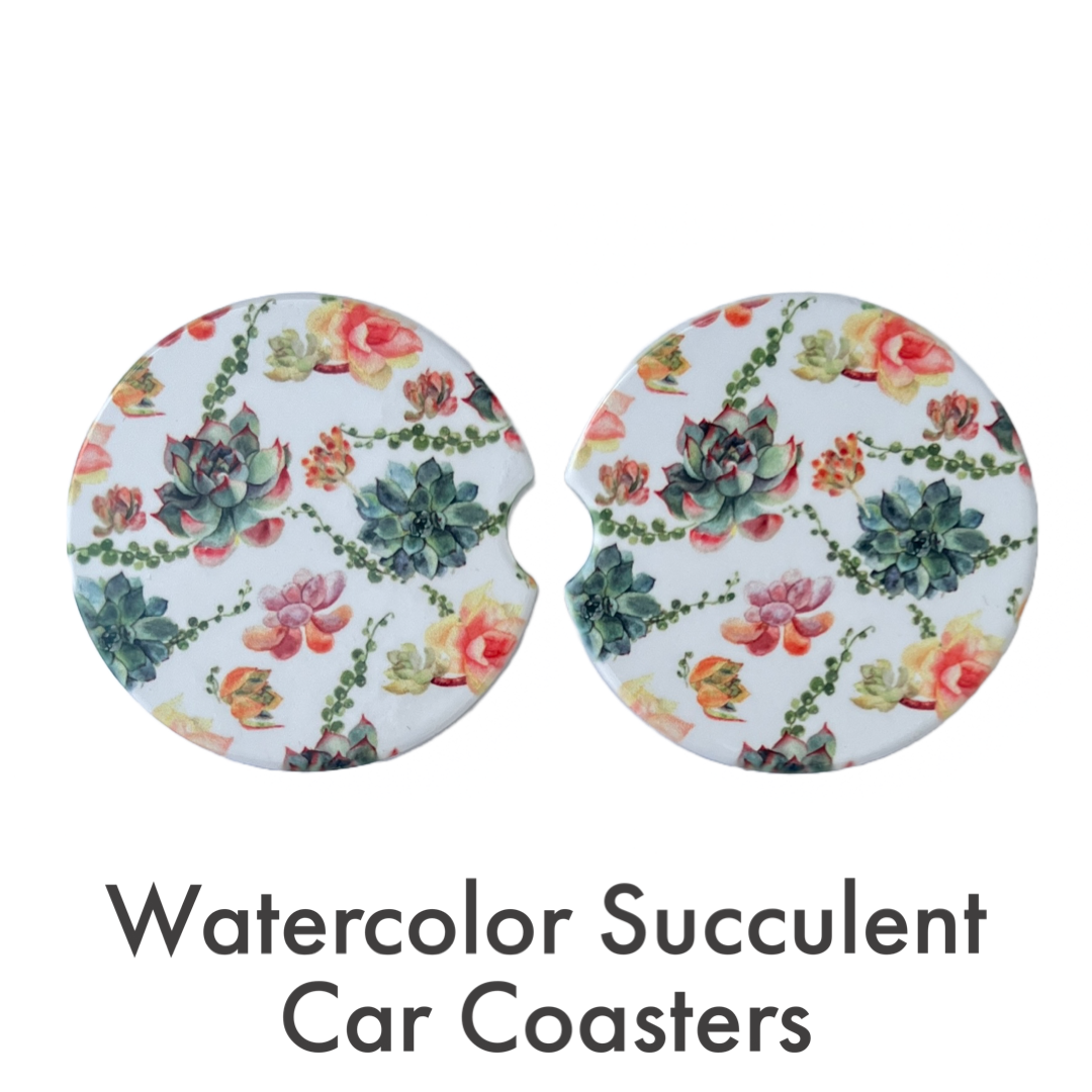 Ceramic car coaster set -watercolor Succulents