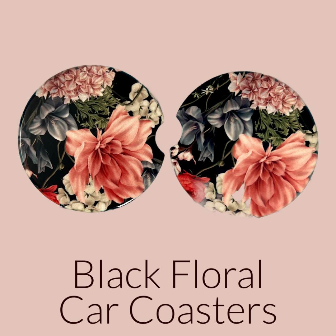 Ceramic car coaster set - Black Floral