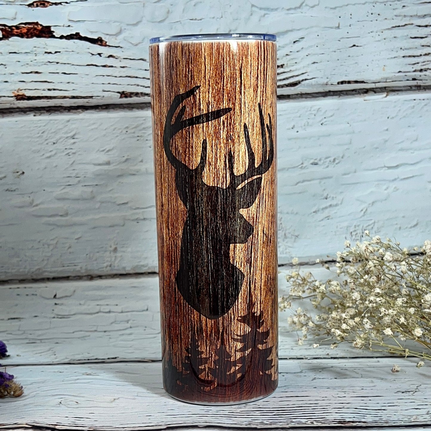 Tumbler 20 oz skinny - Barn wood and deer head