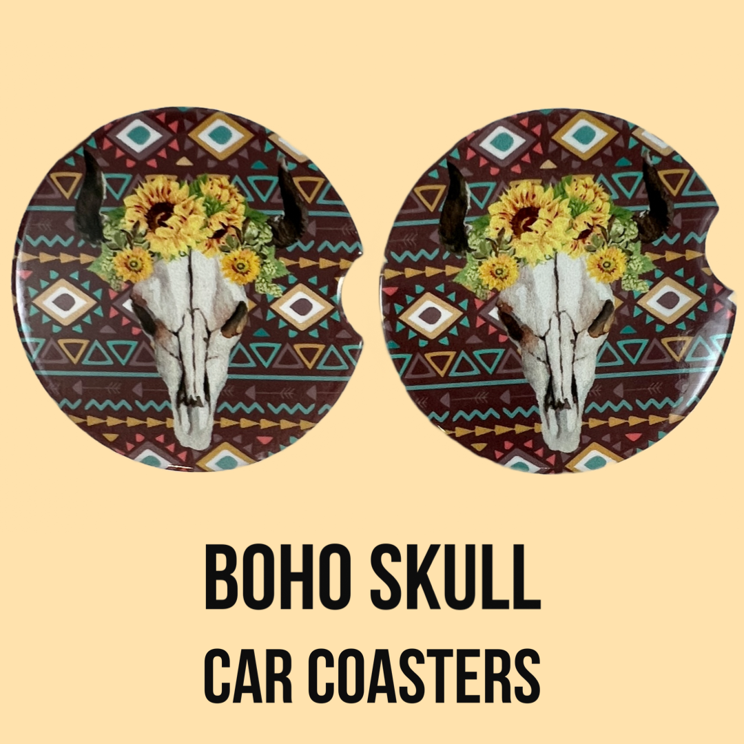 Ceramic car coaster set Boho Skull